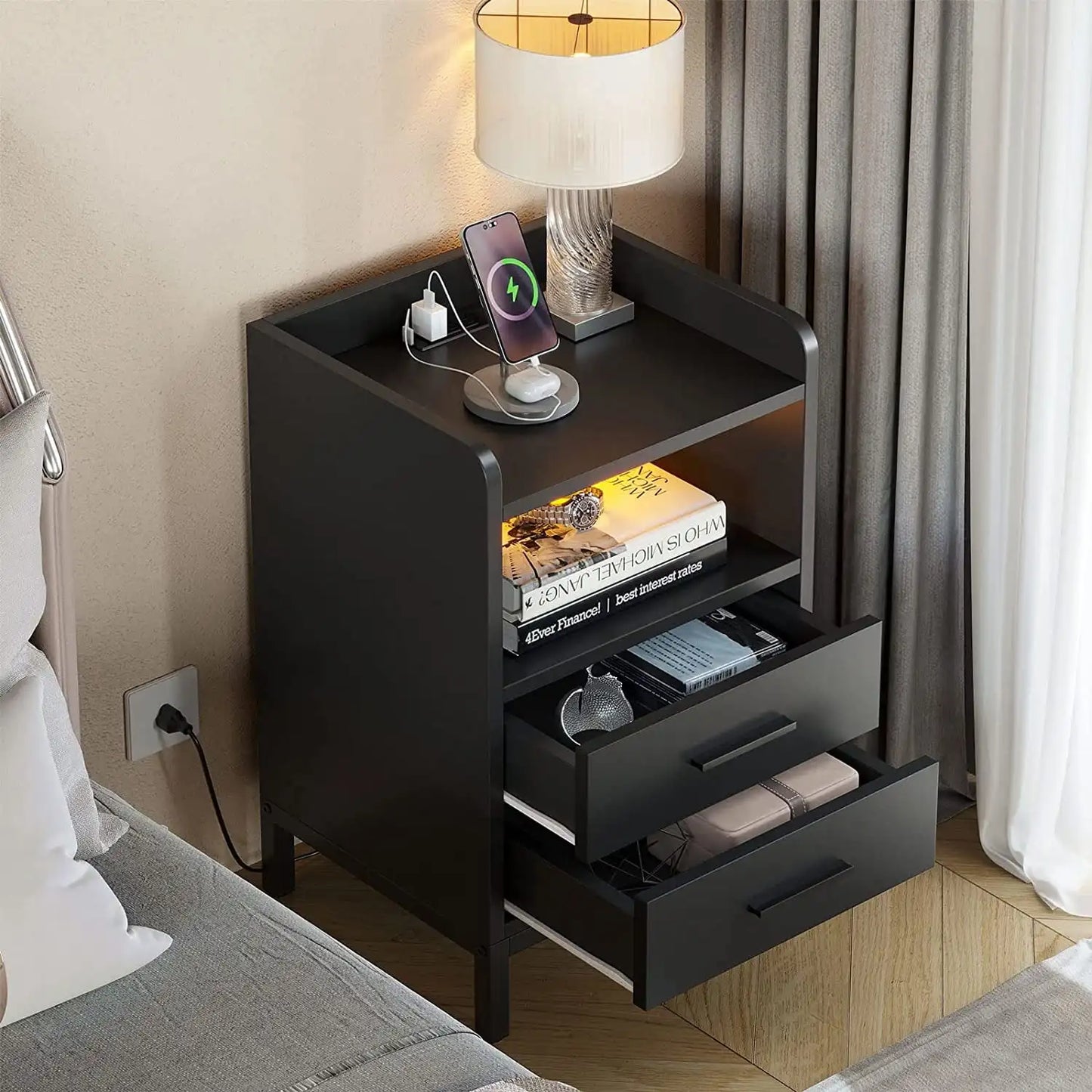 Side Table with Charging Station, 3-Drawer LED Light Bedside Living Room Small Space, Black